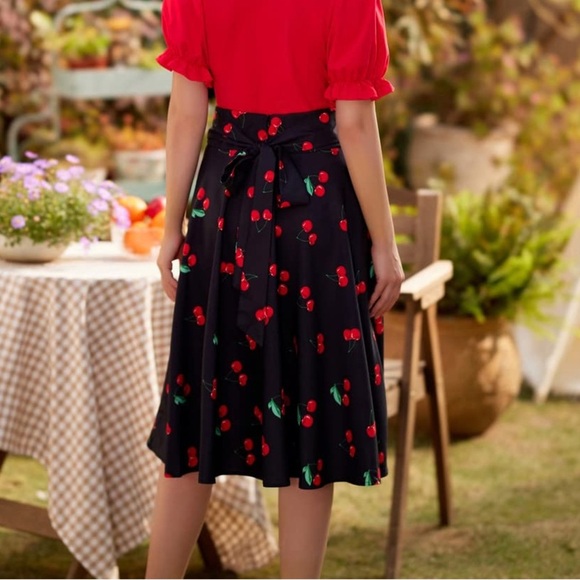 Belle Poque Cherry Print A-Line Midi Skirt w/ Tie Waist Black M— Pin-up Style - Picture 1 of 10